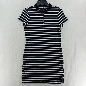 Tommy Hilfiger Shirt Dress Women's Sz M Black White Striped Popover Short Sleeve